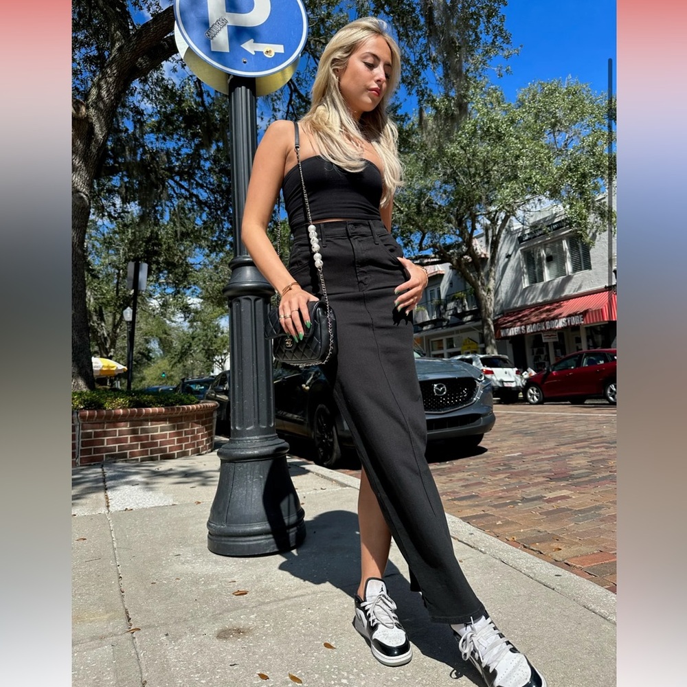 Mother The Flagpole Black Denim Midi Skirt